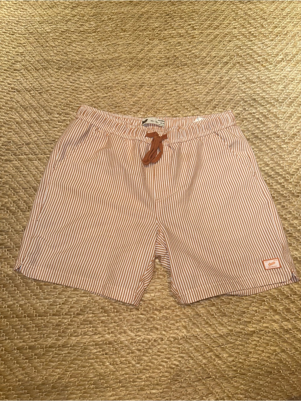 Pull&Bear Men's Rust and White Striped Swim Trunks